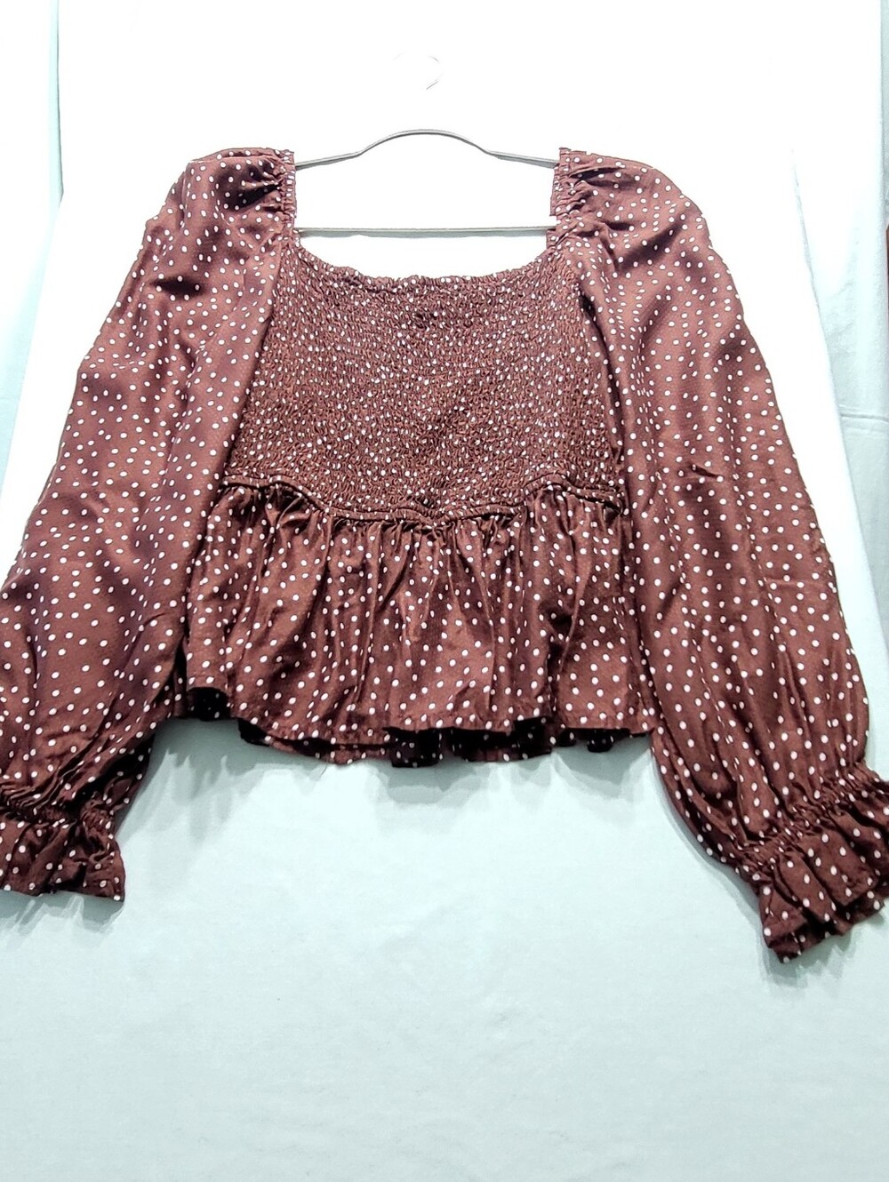 Cottagecore Coquette Milkmaid Dot Smocked Peplum Blouse Brown L